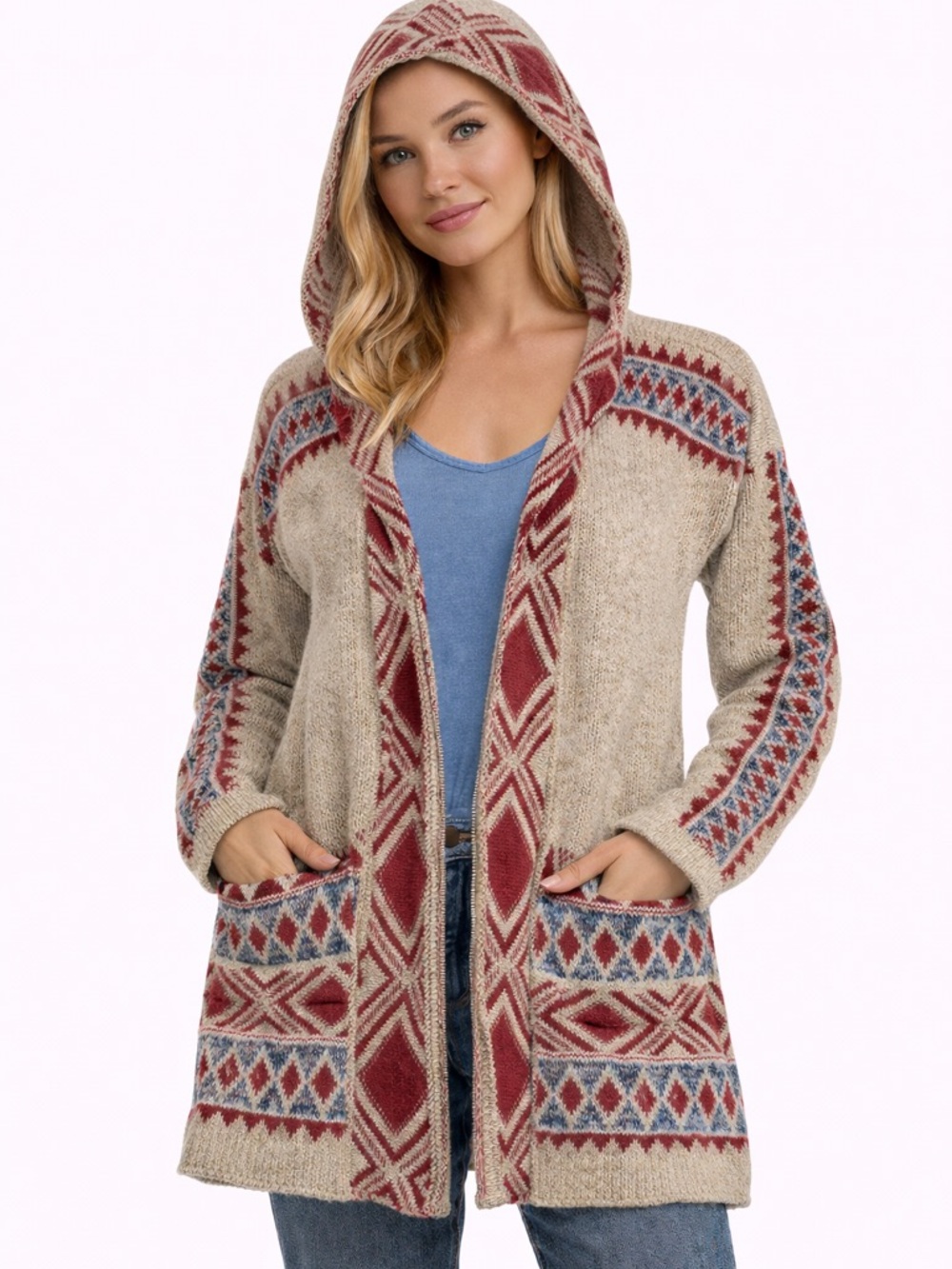 Lucky Brand Hooded Fair Isle Cardigan Sweater - Beige, Rust & Blue